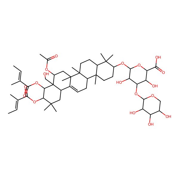 2D Structure of (2S,3S,4S,5R,6R)-6-[[(3S,4aR,6aR,6bS,8R,8aR,9R,10R,12aS,14aR,14bR)-8-acetyloxy-8a-(hydroxymethyl)-4,4,6a,6b,11,11,14b-heptamethyl-10-(2-methylbut-2-enoyloxy)-9-[(Z)-2-methylbut-2-enoyl]oxy-1,2,3,4a,5,6,7,8,9,10,12,12a,14,14a-tetradecahydropicen-3-yl]oxy]-3,5-dihydroxy-4-[(2S,3R,4S,5S)-3,4,5-trihydroxyoxan-2-yl]oxyoxane-2-carboxylic acid