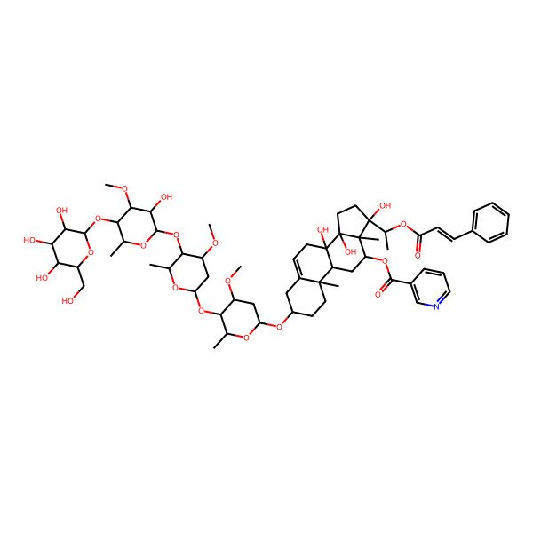 2D Structure of [(3S,8S,9R,10R,12R,13R,14R,17R)-8,14,17-trihydroxy-3-[(2R,4S,5R,6R)-5-[(2S,4R,5R,6R)-5-[(2S,3R,4S,5R,6R)-3-hydroxy-4-methoxy-6-methyl-5-[(2S,3R,4S,5S,6R)-3,4,5-trihydroxy-6-(hydroxymethyl)oxan-2-yl]oxyoxan-2-yl]oxy-4-methoxy-6-methyloxan-2-yl]oxy-4-methoxy-6-methyloxan-2-yl]oxy-10,13-dimethyl-17-[(1S)-1-[(E)-3-phenylprop-2-enoyl]oxyethyl]-1,2,3,4,7,9,11,12,15,16-decahydrocyclopenta[a]phenanthren-12-yl] pyridine-3-carboxylate