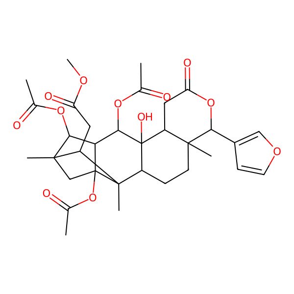 2D Structure of methyl 2-[(1S,2R,5R,6R,10R,11S,12R,13R,14R,17S,18S)-12,14,17-triacetyloxy-6-(furan-3-yl)-11-hydroxy-1,5,15-trimethyl-8-oxo-7-oxapentacyclo[13.2.1.02,11.05,10.013,17]octadecan-18-yl]acetate