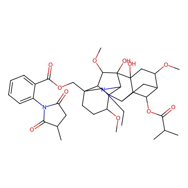 2D Structure of [11-Ethyl-8,9-dihydroxy-6,16,18-trimethoxy-4-(2-methylpropanoyloxy)-11-azahexacyclo[7.7.2.12,5.01,10.03,8.013,17]nonadecan-13-yl]methyl 2-(3-methyl-2,5-dioxopyrrolidin-1-yl)benzoate