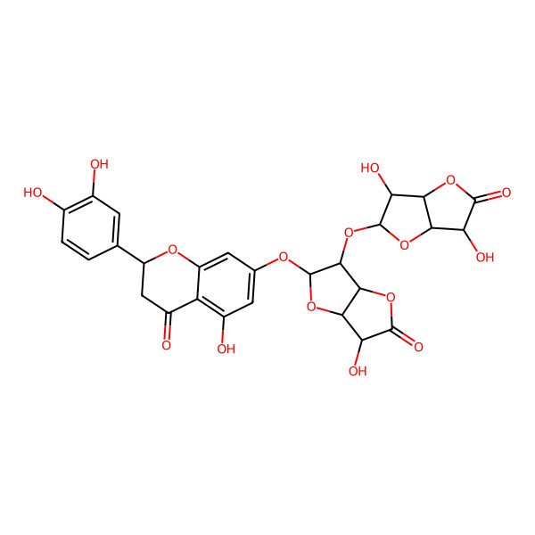 2D Structure of 7-[[3-[(3,6-dihydroxy-5-oxo-3,3a,6,6a-tetrahydro-2H-furo[3,2-b]furan-2-yl)oxy]-6-hydroxy-5-oxo-3,3a,6,6a-tetrahydro-2H-furo[3,2-b]furan-2-yl]oxy]-2-(3,4-dihydroxyphenyl)-5-hydroxy-2,3-dihydrochromen-4-one