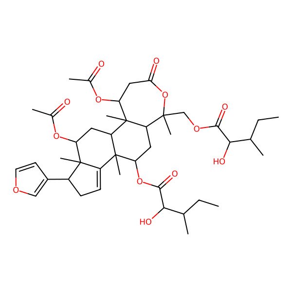 2D Structure of [(1R,2R,3S,7S,8R,10R,11R,15S,16S,17S)-3,17-diacetyloxy-15-(furan-3-yl)-10-[(2R,3R)-2-hydroxy-3-methylpentanoyl]oxy-2,7,11,16-tetramethyl-5-oxo-6-oxatetracyclo[9.7.0.02,8.012,16]octadec-12-en-7-yl]methyl (2R,3S)-2-hydroxy-3-methylpentanoate