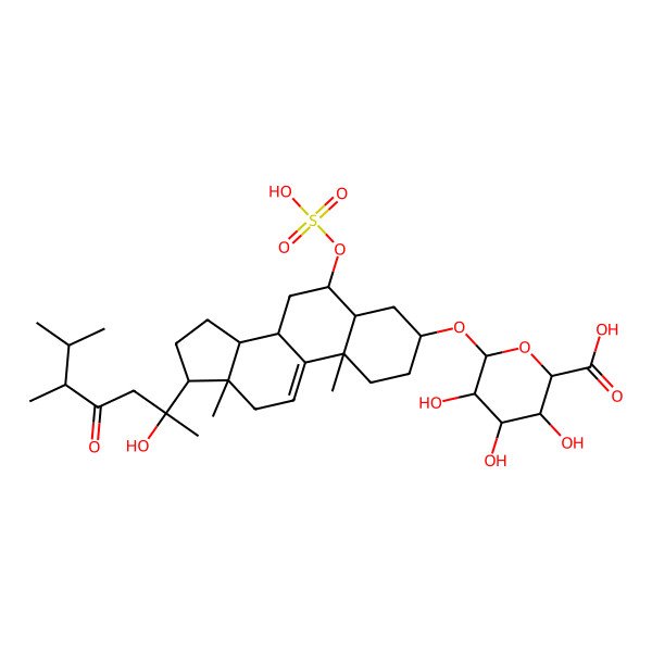 2D Structure of (2S,3S,4S,5R,6R)-3,4,5-trihydroxy-6-[[(3S,5S,6S,8S,10S,13S,14S,17S)-17-[(2S,5R)-2-hydroxy-5,6-dimethyl-4-oxoheptan-2-yl]-10,13-dimethyl-6-sulfooxy-2,3,4,5,6,7,8,12,14,15,16,17-dodecahydro-1H-cyclopenta[a]phenanthren-3-yl]oxy]oxane-2-carboxylic acid