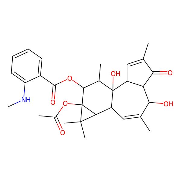 2D Structure of [(1R,2R,6S,7S,10S,11R,13S,14R,15R)-13-acetyloxy-1,7-dihydroxy-4,8,12,12,15-pentamethyl-5-oxo-14-tetracyclo[8.5.0.02,6.011,13]pentadeca-3,8-dienyl] 2-(methylamino)benzoate