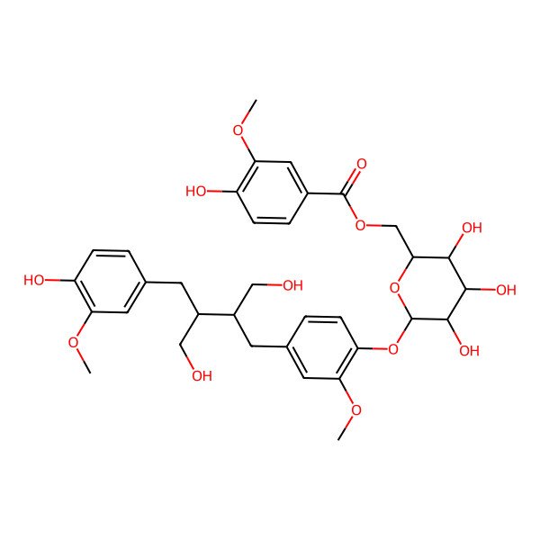 2D Structure of [(2R,3S,4S,5R,6S)-3,4,5-trihydroxy-6-[4-[(2R,3R)-4-hydroxy-3-[(4-hydroxy-3-methoxyphenyl)methyl]-2-(hydroxymethyl)butyl]-2-methoxyphenoxy]oxan-2-yl]methyl 4-hydroxy-3-methoxybenzoate