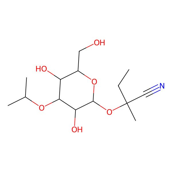2D Structure of (2S)-2-[(2S,3R,4S,5R,6R)-3,5-dihydroxy-6-(hydroxymethyl)-4-propan-2-yloxyoxan-2-yl]oxy-2-methylbutanenitrile