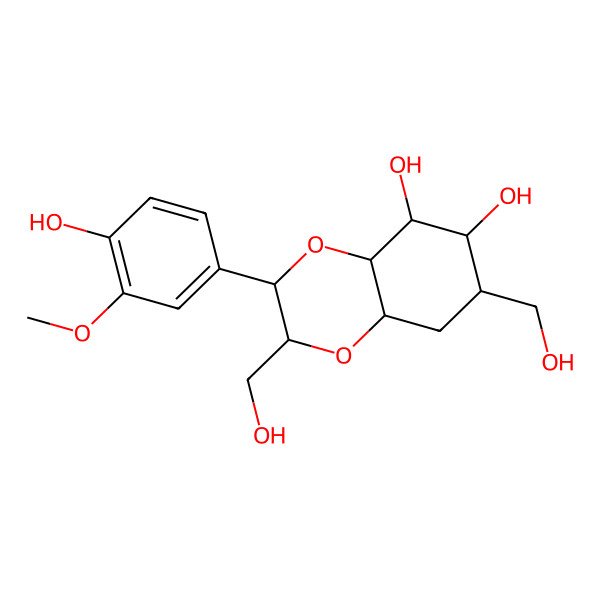 2D Structure of (2R,3S,4aR,5S,6R,7R,8aR)-3-(4-hydroxy-3-methoxyphenyl)-2,7-bis(hydroxymethyl)-2,3,4a,5,6,7,8,8a-octahydrobenzo[b][1,4]dioxine-5,6-diol
