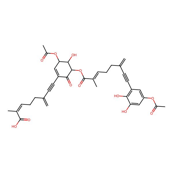 2D Structure of 8-[3-Acetyloxy-5-[8-(5-acetyloxy-2,3-dihydroxyphenyl)-2-methyl-6-methylideneoct-2-en-7-ynoyl]oxy-4-hydroxy-6-oxocyclohexen-1-yl]-2-methyl-6-methylideneoct-2-en-7-ynoic acid