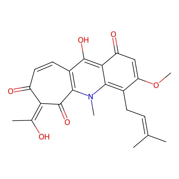 2D Structure of 11-Hydroxy-7-(1-hydroxyethylidene)-3-methoxy-5-methyl-4-(3-methylbut-2-enyl)cyclohepta[b]quinoline-1,6,8-trione