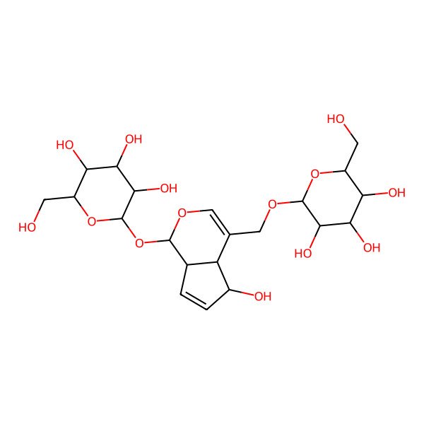 2D Structure of 2-(Hydroxymethyl)-6-[[5-hydroxy-1-[3,4,5-trihydroxy-6-(hydroxymethyl)oxan-2-yl]oxy-1,4a,5,7a-tetrahydrocyclopenta[c]pyran-4-yl]methoxy]oxane-3,4,5-triol