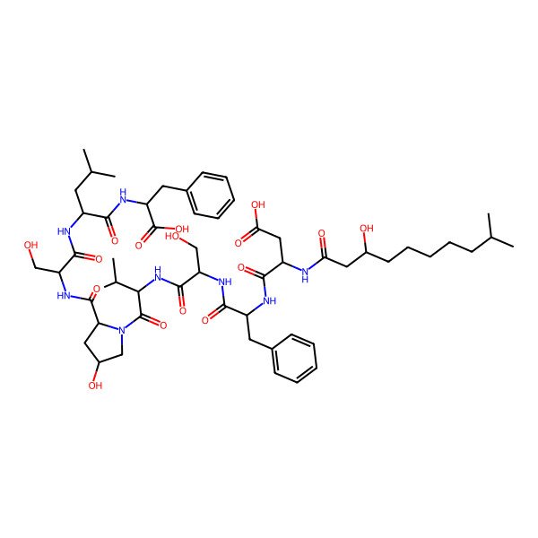 2D Structure of (3R)-4-[[(2R)-1-[[(2S)-1-[[(2R)-1-[(2S,4R)-2-[[(2S)-1-[[(2R)-1-[[(1S)-1-carboxy-2-phenylethyl]amino]-4-methyl-1-oxopentan-2-yl]amino]-3-hydroxy-1-oxopropan-2-yl]carbamoyl]-4-hydroxypyrrolidin-1-yl]-3-methyl-1-oxobutan-2-yl]amino]-3-hydroxy-1-oxopropan-2-yl]amino]-1-oxo-3-phenylpropan-2-yl]amino]-3-[(3-hydroxy-9-methyldecanoyl)amino]-4-oxobutanoic acid