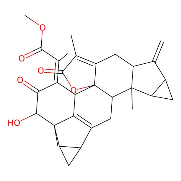 2D Structure of methyl (2Z)-2-[(1R,2S,8S,10S,12R,13R,14R,17S,19R,20S,21R)-21-hydroxy-5,13,20-trimethyl-9-methylidene-4,22-dioxo-3-oxaoctacyclo[14.7.1.02,6.02,14.08,13.010,12.017,19.020,24]tetracosa-5,16(24)-dien-23-ylidene]propanoate