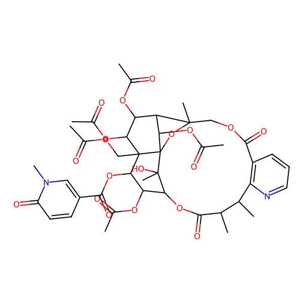 2D Structure of [(1S,3R,13R,14S,17S,18R,19R,20R,21S,22R,23R,24R,25S)-18,21,22,24-tetraacetyloxy-20-(acetyloxymethyl)-25-hydroxy-3,13,14,25-tetramethyl-6,15-dioxo-2,5,16-trioxa-11-azapentacyclo[15.7.1.01,20.03,23.07,12]pentacosa-7(12),8,10-trien-19-yl] 1-methyl-6-oxopyridine-3-carboxylate