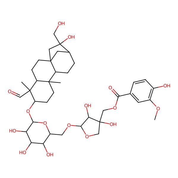 2D Structure of [(3S,4R,5R)-5-[[(2R,3S,4S,5R,6R)-6-[[(1S,4S,5S,6R,9S,10R,13R,14R)-5-formyl-14-hydroxy-14-(hydroxymethyl)-5,9-dimethyl-6-tetracyclo[11.2.1.01,10.04,9]hexadecanyl]oxy]-3,4,5-trihydroxyoxan-2-yl]methoxy]-3,4-dihydroxyoxolan-3-yl]methyl 4-hydroxy-3-methoxybenzoate