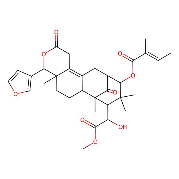 2D Structure of [6-(Furan-3-yl)-16-(1-hydroxy-2-methoxy-2-oxoethyl)-1,5,15,15-tetramethyl-8,17-dioxo-7-oxatetracyclo[11.3.1.02,11.05,10]heptadec-10-en-14-yl] 2-methylbut-2-enoate