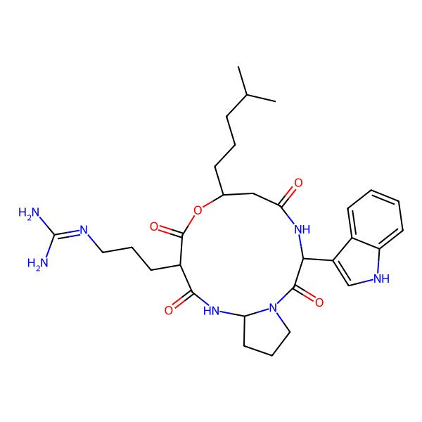 2D Structure of 2-[3-[(3R,7R,10R,13S)-3-(1H-indol-3-yl)-7-(4-methylpentyl)-2,5,9,11-tetraoxo-8-oxa-1,4,12-triazabicyclo[11.3.0]hexadecan-10-yl]propyl]guanidine