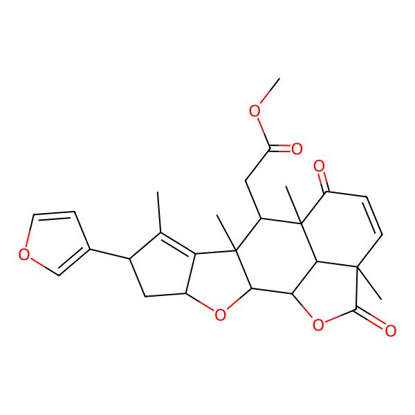 2D Structure of methyl 2-[(1S,2S,4S,6S,9R,10R,11R,15S,18R)-6-(furan-3-yl)-7,9,11,15-tetramethyl-12,16-dioxo-3,17-dioxapentacyclo[9.6.1.02,9.04,8.015,18]octadeca-7,13-dien-10-yl]acetate