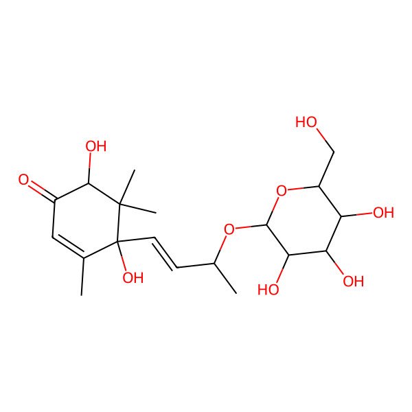 2D Structure of 4,6-Dihydroxy-3,5,5-trimethyl-4-[3-[3,4,5-trihydroxy-6-(hydroxymethyl)oxan-2-yl]oxybut-1-enyl]cyclohex-2-en-1-one