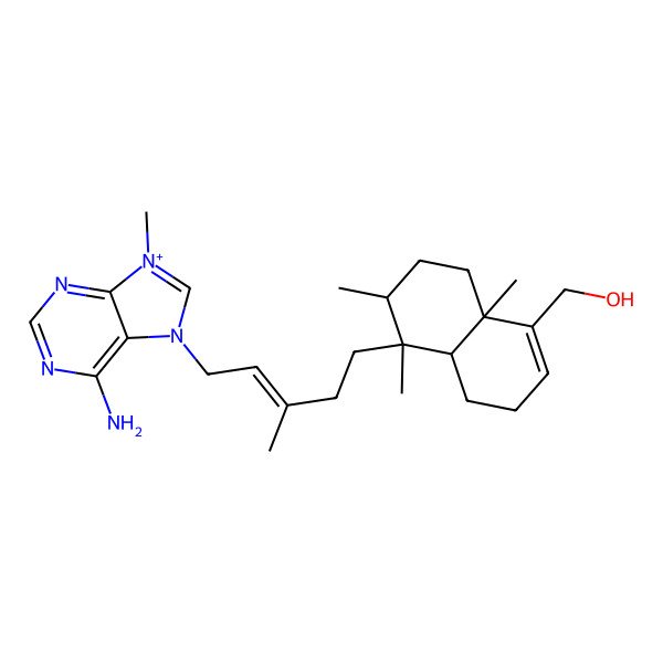 2D Structure of [(4aS,5R,6S,8aR)-5-[(E)-5-(6-amino-9-methylpurin-9-ium-7-yl)-3-methylpent-3-enyl]-5,6,8a-trimethyl-3,4,4a,6,7,8-hexahydronaphthalen-1-yl]methanol