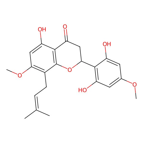 2D Structure of (2R)-2-(2,6-dihydroxy-4-methoxyphenyl)-5-hydroxy-7-methoxy-8-(3-methylbut-2-enyl)-2,3-dihydrochromen-4-one