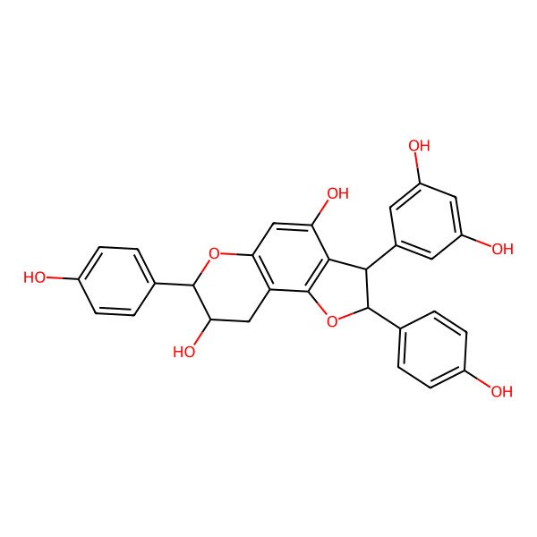 2D Structure of (2S,3S,7R,8S)-3-(3,5-dihydroxyphenyl)-2,7-bis(4-hydroxyphenyl)-3,7,8,9-tetrahydro-2H-furo[2,3-f]chromene-4,8-diol