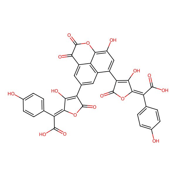 2D Structure of 2-[4-[10-[5-[Carboxy-(4-hydroxyphenyl)methylidene]-4-hydroxy-2-oxofuran-3-yl]-12-hydroxy-3,4-dioxo-2-oxatricyclo[7.3.1.05,13]trideca-1(12),5,7,9(13),10-pentaen-7-yl]-3-hydroxy-5-oxofuran-2-ylidene]-2-(4-hydroxyphenyl)acetic acid