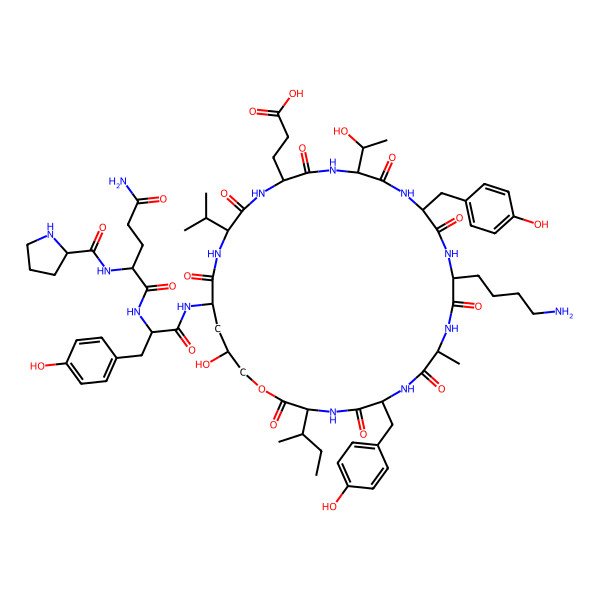 2D Structure of 3-[12-(4-Aminobutyl)-27-[[2-[[5-amino-5-oxo-2-(pyrrolidine-2-carbonylamino)pentanoyl]amino]-3-(4-hydroxyphenyl)propanoyl]amino]-3-butan-2-yl-29-hydroxy-18-(1-hydroxyethyl)-6,15-bis[(4-hydroxyphenyl)methyl]-9-methyl-2,5,8,11,14,17,20,23,26-nonaoxo-24-propan-2-yl-1-oxa-4,7,10,13,16,19,22,25-octazacyclotriacont-21-yl]propanoic acid