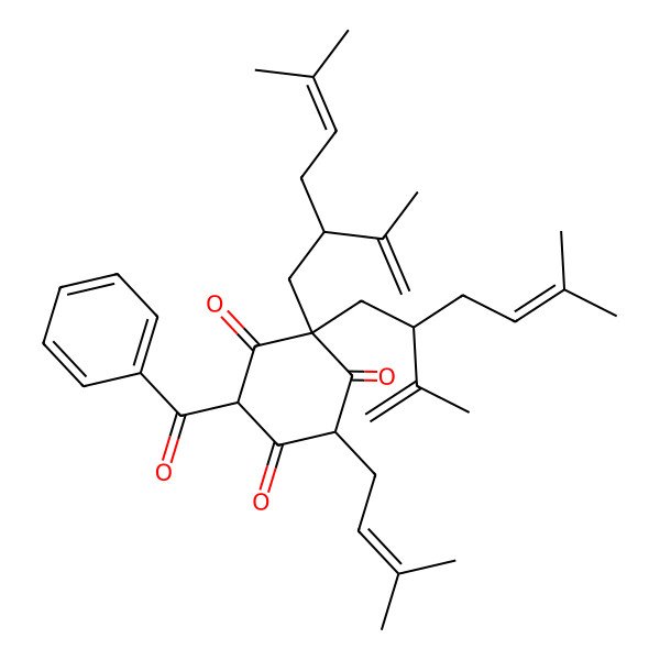 2D Structure of 4-Benzoyl-6-(3-methylbut-2-enyl)-2,2-bis(5-methyl-2-prop-1-en-2-ylhex-4-enyl)cyclohexane-1,3,5-trione