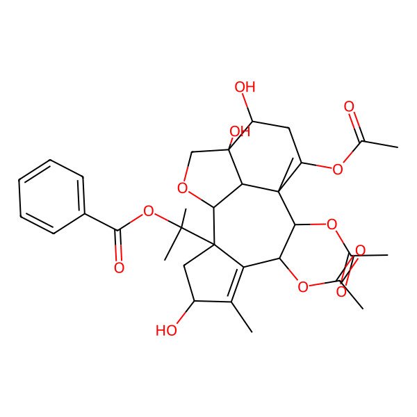 2D Structure of 2-(7,8,10-Triacetyloxy-4,12,13-trihydroxy-5,9-dimethyl-15-oxatetracyclo[7.6.1.02,6.013,16]hexadec-5-en-2-yl)propan-2-yl benzoate