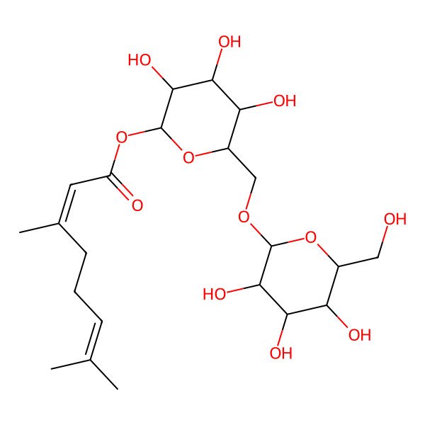 2D Structure of [(2S,3R,4S,5S,6R)-3,4,5-trihydroxy-6-[[(2R,3R,4S,5S,6R)-3,4,5-trihydroxy-6-(hydroxymethyl)oxan-2-yl]oxymethyl]oxan-2-yl] (2E)-3,7-dimethylocta-2,6-dienoate