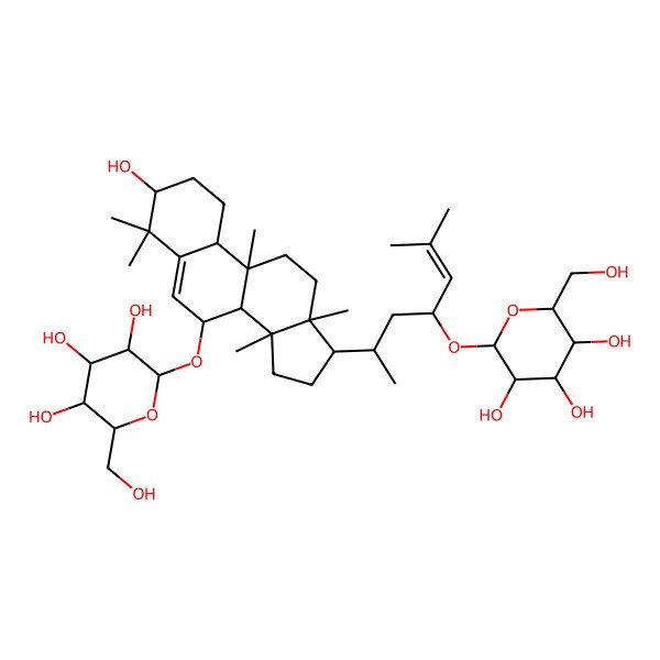 2D Structure of 2-(hydroxymethyl)-6-[[3-hydroxy-4,4,9,13,14-pentamethyl-17-[6-methyl-4-[3,4,5-trihydroxy-6-(hydroxymethyl)oxan-2-yl]oxyhept-5-en-2-yl]-2,3,7,8,10,11,12,15,16,17-decahydro-1H-cyclopenta[a]phenanthren-7-yl]oxy]oxane-3,4,5-triol