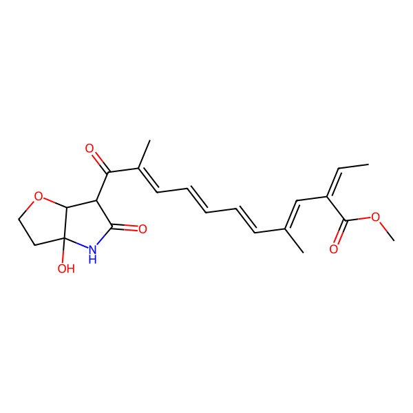 2D Structure of methyl 11-(3a-hydroxy-5-oxo-3,4,6,6a-tetrahydro-2H-furo[3,2-b]pyrrol-6-yl)-2-ethylidene-4,10-dimethyl-11-oxoundeca-3,5,7,9-tetraenoate