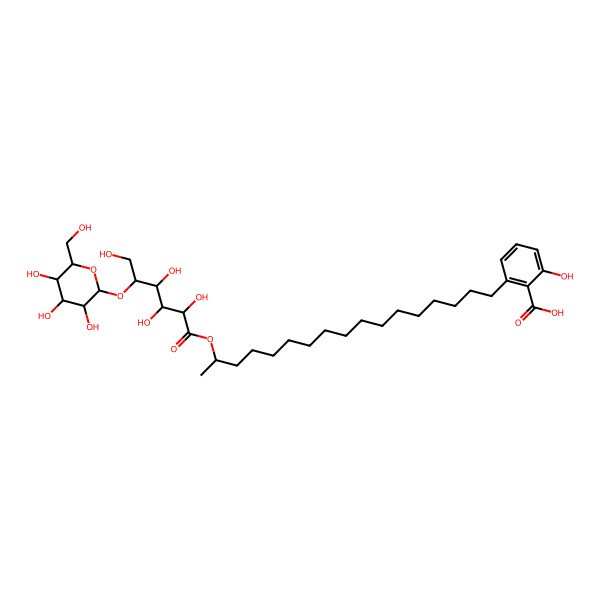 2D Structure of 2-Hydroxy-6-[16-[2,3,4,6-tetrahydroxy-5-[3,4,5-trihydroxy-6-(hydroxymethyl)oxan-2-yl]oxyhexanoyl]oxyheptadecyl]benzoic acid