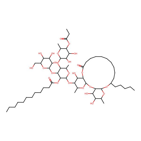 2D Structure of [(2S,3R,4R,5S,6S)-5-[(2S,3R,4S,5R,6S)-3,4-dihydroxy-6-methyl-5-propanoyloxyoxan-2-yl]oxy-6-methyl-2-[[(1R,3S,5S,6R,7R,8R,20S,22R,24R,25R,26S)-7,25,26-trihydroxy-5,24-dimethyl-10-oxo-20-pentyl-2,4,9,21,23-pentaoxatricyclo[20.4.0.03,8]hexacosan-6-yl]oxy]-4-[(2S,3R,4S,5S,6R)-3,4,5-trihydroxy-6-(hydroxymethyl)oxan-2-yl]oxyoxan-3-yl] dodecanoate