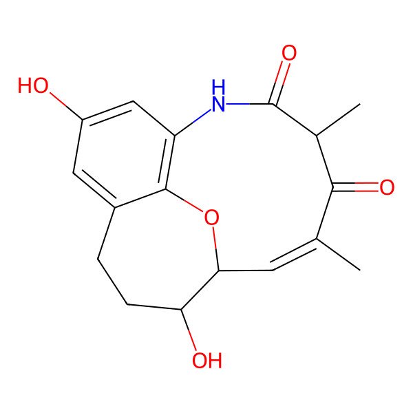 2D Structure of 3,8-Dihydroxy-11,13-dimethyl-17-oxa-15-azatricyclo[7.6.2.05,16]heptadeca-1,3,5(16),10-tetraene-12,14-dione