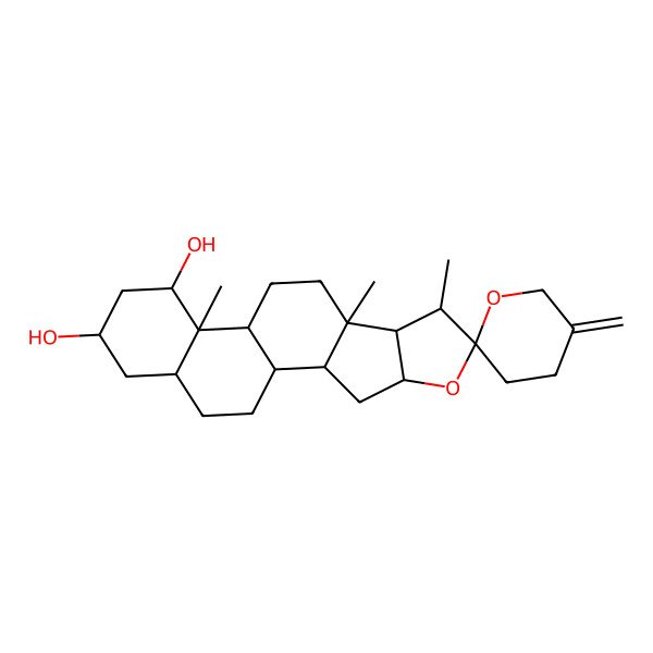 2D Structure of 7,9,13-Trimethyl-5'-methylidenespiro[5-oxapentacyclo[10.8.0.02,9.04,8.013,18]icosane-6,2'-oxane]-14,16-diol