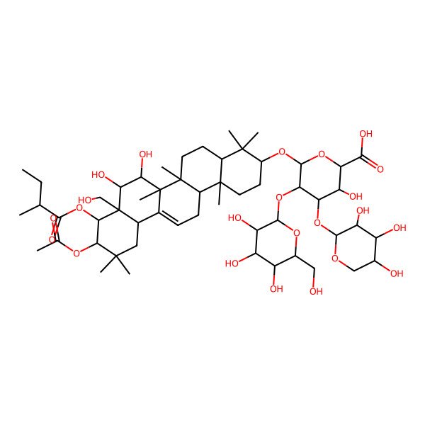 2D Structure of (2S,3S,4S,5R,6R)-6-[[(3S,4aR,6aR,6bS,7R,8S,8aR,9R,10R,12aS,14aR,14bR)-10-acetyloxy-7,8-dihydroxy-8a-(hydroxymethyl)-4,4,6a,6b,11,11,14b-heptamethyl-9-(2-methylbutanoyloxy)-1,2,3,4a,5,6,7,8,9,10,12,12a,14,14a-tetradecahydropicen-3-yl]oxy]-3-hydroxy-5-[(2S,3R,4S,5S,6R)-3,4,5-trihydroxy-6-(hydroxymethyl)oxan-2-yl]oxy-4-[(2S,3R,4S,5S)-3,4,5-trihydroxyoxan-2-yl]oxyoxane-2-carboxylic acid