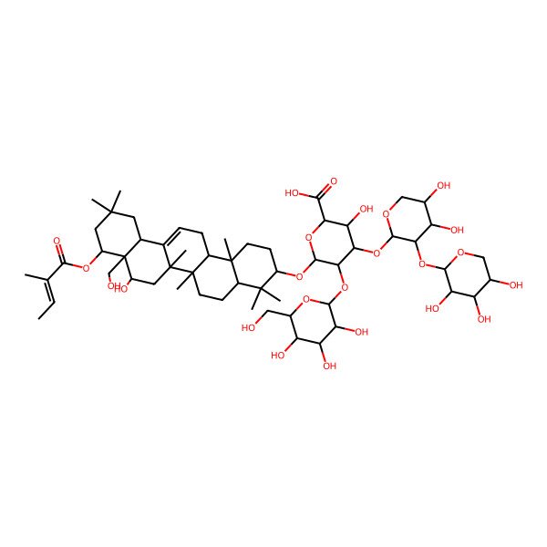2D Structure of (2S,3S,4S,5R,6R)-6-[[(3S,4aR,6aR,6bS,8R,8aR,9S,12aS,14aR,14bR)-8-hydroxy-8a-(hydroxymethyl)-4,4,6a,6b,11,11,14b-heptamethyl-9-(2-methylbut-2-enoyloxy)-1,2,3,4a,5,6,7,8,9,10,12,12a,14,14a-tetradecahydropicen-3-yl]oxy]-4-[(2S,3R,4S,5S)-4,5-dihydroxy-3-[(2S,3R,4S,5R)-3,4,5-trihydroxyoxan-2-yl]oxyoxan-2-yl]oxy-3-hydroxy-5-[(2S,3R,4S,5R,6R)-3,4,5-trihydroxy-6-(hydroxymethyl)oxan-2-yl]oxyoxane-2-carboxylic acid