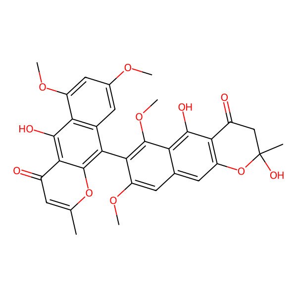 2D Structure of 10-[(2S)-2,5-dihydroxy-6,8-dimethoxy-2-methyl-4-oxo-3H-benzo[g]chromen-7-yl]-5-hydroxy-6,8-dimethoxy-2-methylbenzo[g]chromen-4-one