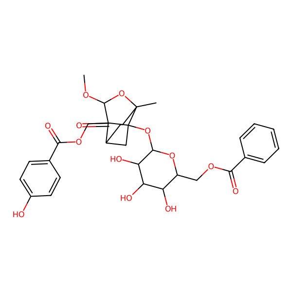 2D Structure of [(1R,3R,6S,8S,9S)-1-[(2S,3R,4S,5S,6R)-6-(benzoyloxymethyl)-3,4,5-trihydroxyoxan-2-yl]oxy-8-methoxy-6-methyl-4-oxo-7-oxatricyclo[4.3.0.03,9]nonan-9-yl]methyl 4-hydroxybenzoate