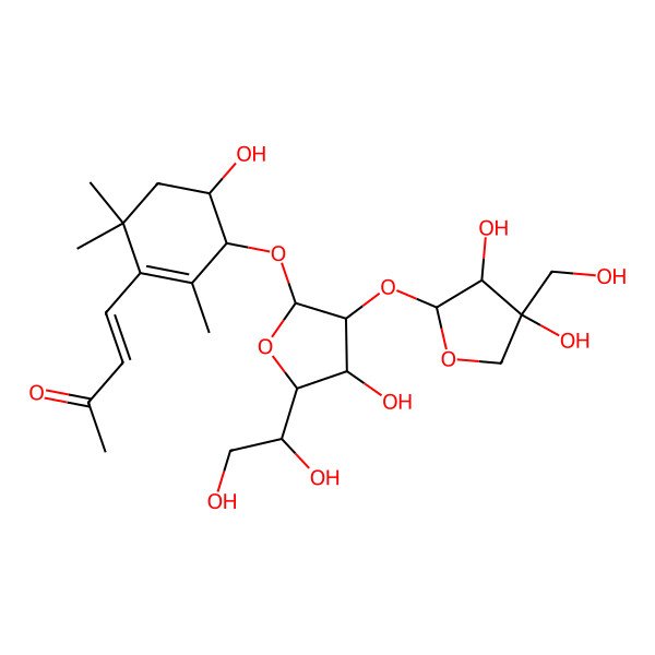 2D Structure of 4-[3-[5-(1,2-Dihydroxyethyl)-3-[3,4-dihydroxy-4-(hydroxymethyl)oxolan-2-yl]oxy-4-hydroxyoxolan-2-yl]oxy-4-hydroxy-2,6,6-trimethylcyclohexen-1-yl]but-3-en-2-one