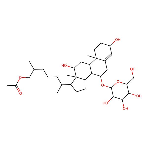 2D Structure of [(2R,6R)-6-[(3R,7R,8R,9S,10R,12S,13R,14S,17R)-3,12-dihydroxy-10,13-dimethyl-7-[(2R,3R,4S,5R,6R)-3,4,5-trihydroxy-6-(hydroxymethyl)oxan-2-yl]oxy-2,3,6,7,8,9,11,12,14,15,16,17-dodecahydro-1H-cyclopenta[a]phenanthren-17-yl]-2-methylheptyl] acetate