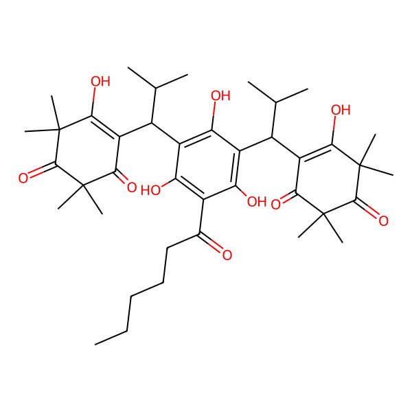 2D Structure of 4-[1-[3-Hexanoyl-2,4,6-trihydroxy-5-[1-(2-hydroxy-3,3,5,5-tetramethyl-4,6-dioxocyclohexen-1-yl)-2-methylpropyl]phenyl]-2-methylpropyl]-5-hydroxy-2,2,6,6-tetramethylcyclohex-4-ene-1,3-dione