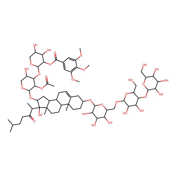 2D Structure of [(2S,3R,4S,5R)-2-[(2S,3R,4S,5S)-3-acetyloxy-2-[[(3S,8R,9S,10R,13S,14S,16S,17S)-3-[(2R,3R,4S,5S,6R)-6-[[(2R,3R,4R,5S,6R)-3,4-dihydroxy-6-(hydroxymethyl)-5-[(2S,3R,4S,5S,6R)-3,4,5-trihydroxy-6-(hydroxymethyl)oxan-2-yl]oxyoxan-2-yl]oxymethyl]-3,4,5-trihydroxyoxan-2-yl]oxy-17-hydroxy-10,13-dimethyl-17-[(2S)-6-methyl-3-oxoheptan-2-yl]-1,2,3,4,7,8,9,11,12,14,15,16-dodecahydrocyclopenta[a]phenanthren-16-yl]oxy]-5-hydroxyoxan-4-yl]oxy-4,5-dihydroxyoxan-3-yl] 3,4,5-trimethoxybenzoate