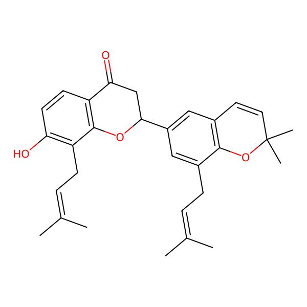 2D Structure of (2R)-2-[2,2-dimethyl-8-(3-methylbut-2-enyl)chromen-6-yl]-7-hydroxy-8-(3-methylbut-2-enyl)-2,3-dihydrochromen-4-one