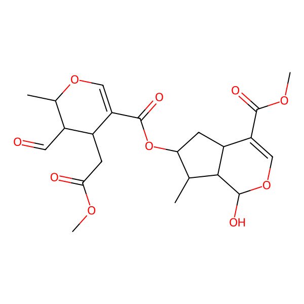 2D Structure of methyl 6-[3-formyl-4-(2-methoxy-2-oxoethyl)-2-methyl-3,4-dihydro-2H-pyran-5-carbonyl]oxy-1-hydroxy-7-methyl-1,4a,5,6,7,7a-hexahydrocyclopenta[c]pyran-4-carboxylate