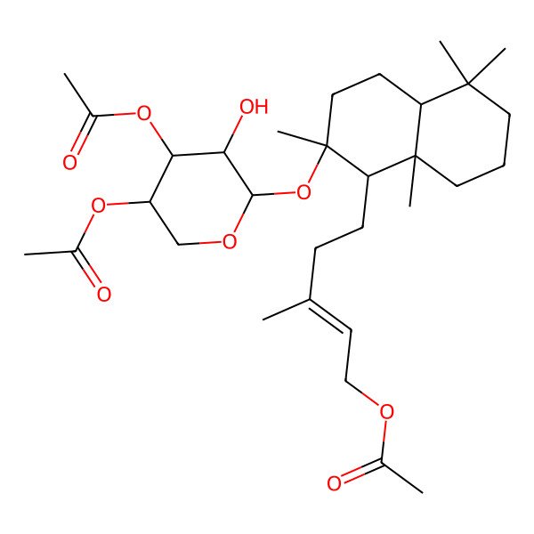 2D Structure of [(E)-5-[(1S,2S,4aR,8aR)-2-[(2R,3S,4S,5S)-4,5-diacetyloxy-3-hydroxyoxan-2-yl]oxy-2,5,5,8a-tetramethyl-3,4,4a,6,7,8-hexahydro-1H-naphthalen-1-yl]-3-methylpent-2-enyl] acetate