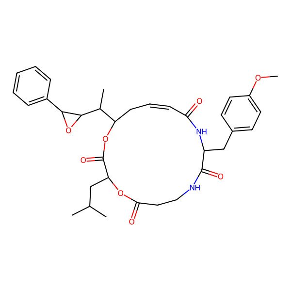 2D Structure of (3S,10R,13Z,16S)-10-[(4-methoxyphenyl)methyl]-3-(2-methylpropyl)-16-[(1S)-1-[(2R,3R)-3-phenyloxiran-2-yl]ethyl]-1,4-dioxa-8,11-diazacyclohexadec-13-ene-2,5,9,12-tetrone