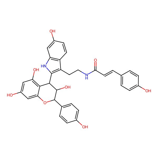 2D Structure of 3-(4-hydroxyphenyl)-N-[2-[6-hydroxy-2-[3,5,7-trihydroxy-2-(4-hydroxyphenyl)-3,4-dihydro-2H-chromen-4-yl]-1H-indol-3-yl]ethyl]prop-2-enamide