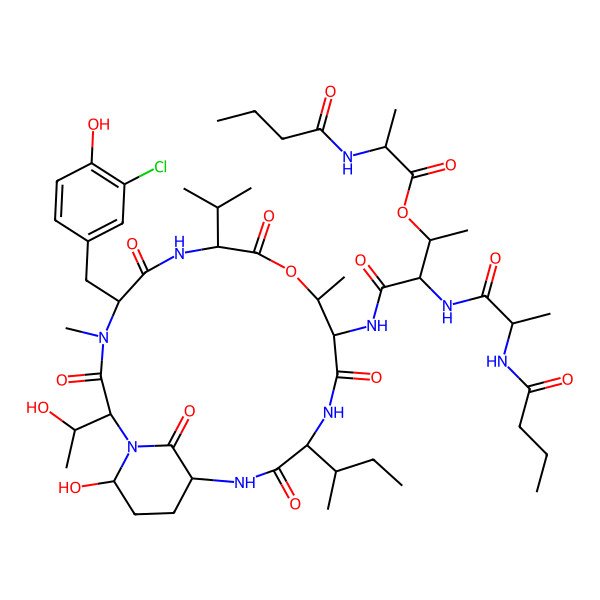 2D Structure of [(2R,3R)-3-[[(2S)-2-(butanoylamino)propanoyl]amino]-4-[[(2S,5R,8R,11R,12R,15R,18R,21R)-15-[(2R)-butan-2-yl]-5-[(3-chloro-4-hydroxyphenyl)methyl]-21-hydroxy-2-[(1S)-1-hydroxyethyl]-4,11-dimethyl-3,6,9,13,16,22-hexaoxo-8-propan-2-yl-10-oxa-1,4,7,14,17-pentazabicyclo[16.3.1]docosan-12-yl]amino]-4-oxobutan-2-yl] (2S)-2-(butanoylamino)propanoate